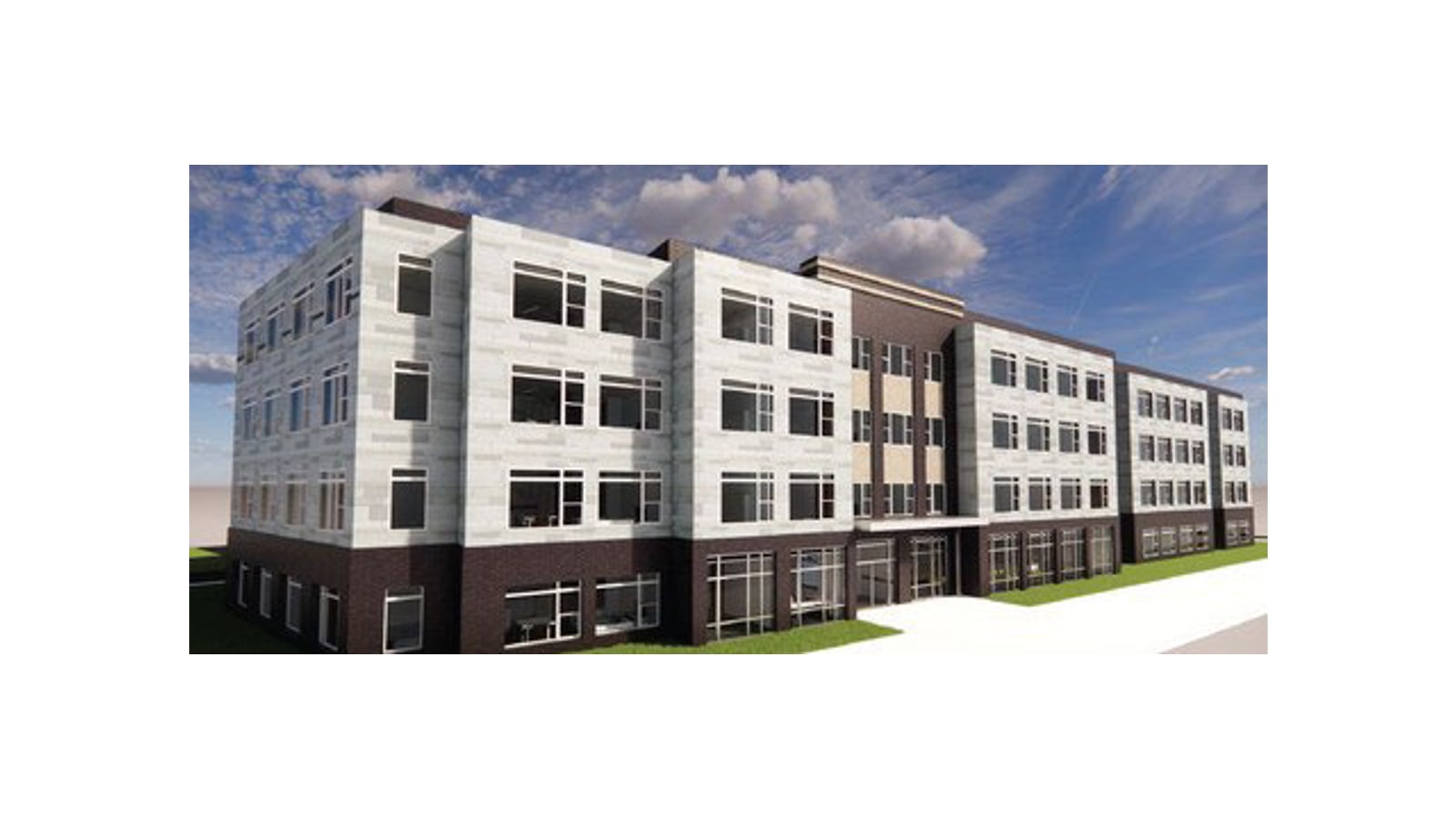 Small rendering of a four-story apartment building with white panels, a dark brick ground floor and a taller brown entrance bay, seen from a corner