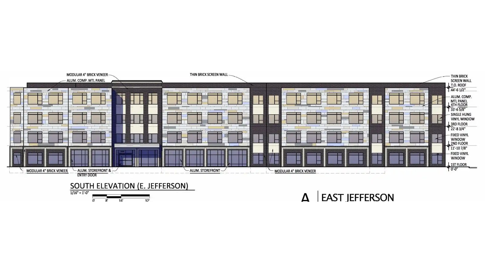 Architect's elevation drawing of the full length of a four-story apartment building along East Jefferson, with material notes and floor heights