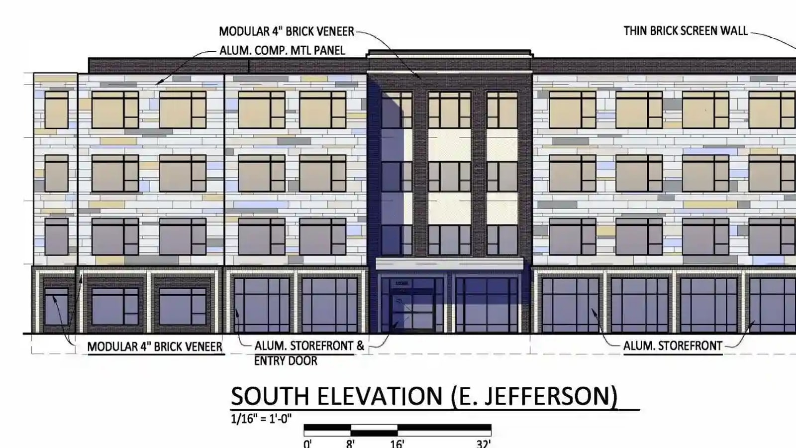 Architect's elevation drawing of part of a four-story apartment building with a brick ground floor of storefront windows, three floors of pale panels above and a dark brick entrance bay, labeled South Elevation (E. Jefferson)