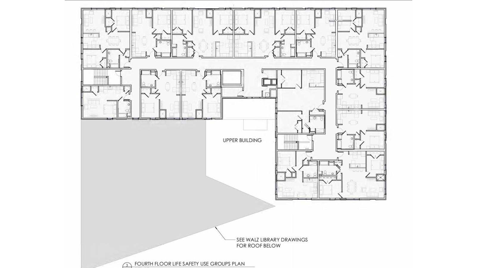 Architectural plan of an L-shaped apartment floor with units along a corridor and the library roof shown below