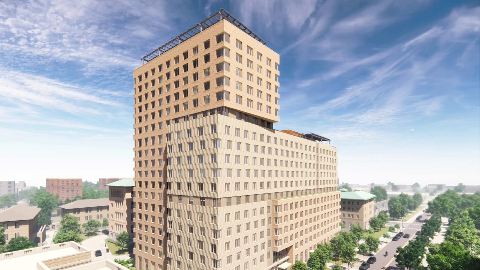Rendering from above of an apartment building with a tall tower section in tan brick rising behind a lower section clad in patterned beige panels, a trellis on the tower roof and a terrace on the lower roof, older brick buildings with green roofs on either side and a tree-lined avenue at right