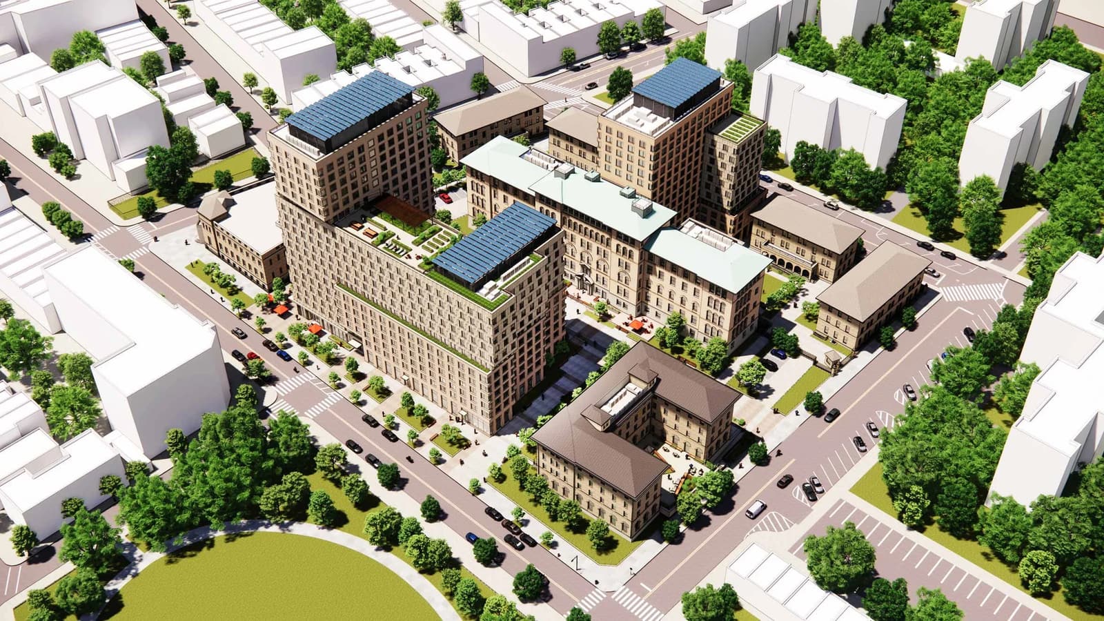 Rendering from above of a city block beside a park: a long stepped building with solar panels and a roof terrace along the avenue, a U-shaped brick building with a brown roof at the corner, a long building with a pale green roof behind them and a tower with solar panels at the far side, with the surrounding blocks drawn as plain white shapes
