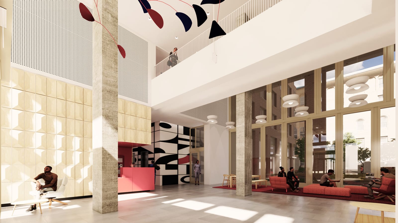 Rendering of a double-height lobby with concrete columns, a red reception desk in front of a black, white and red patterned wall, a hanging mobile, a mezzanine with a white railing, and red sofas beside floor-to-ceiling windows
