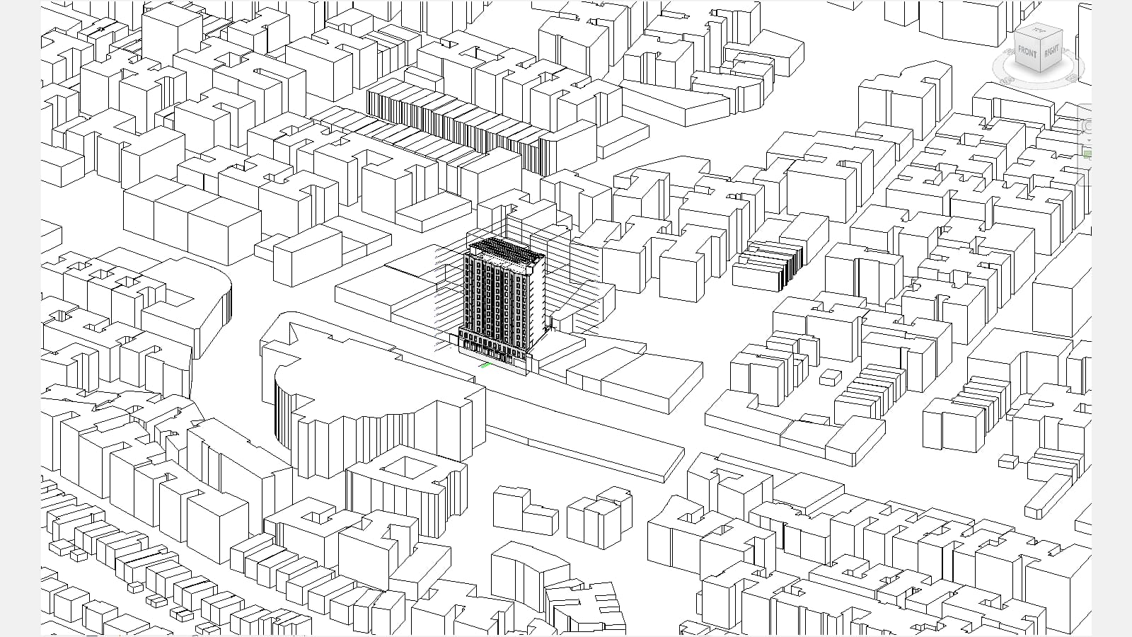 Line drawing of a three-dimensional city model in white blocks, with a detailed 13-story building near the center beside a long curved street, surrounded by plain boxes standing for the nearby buildings, and a small navigation cube in the top right corner