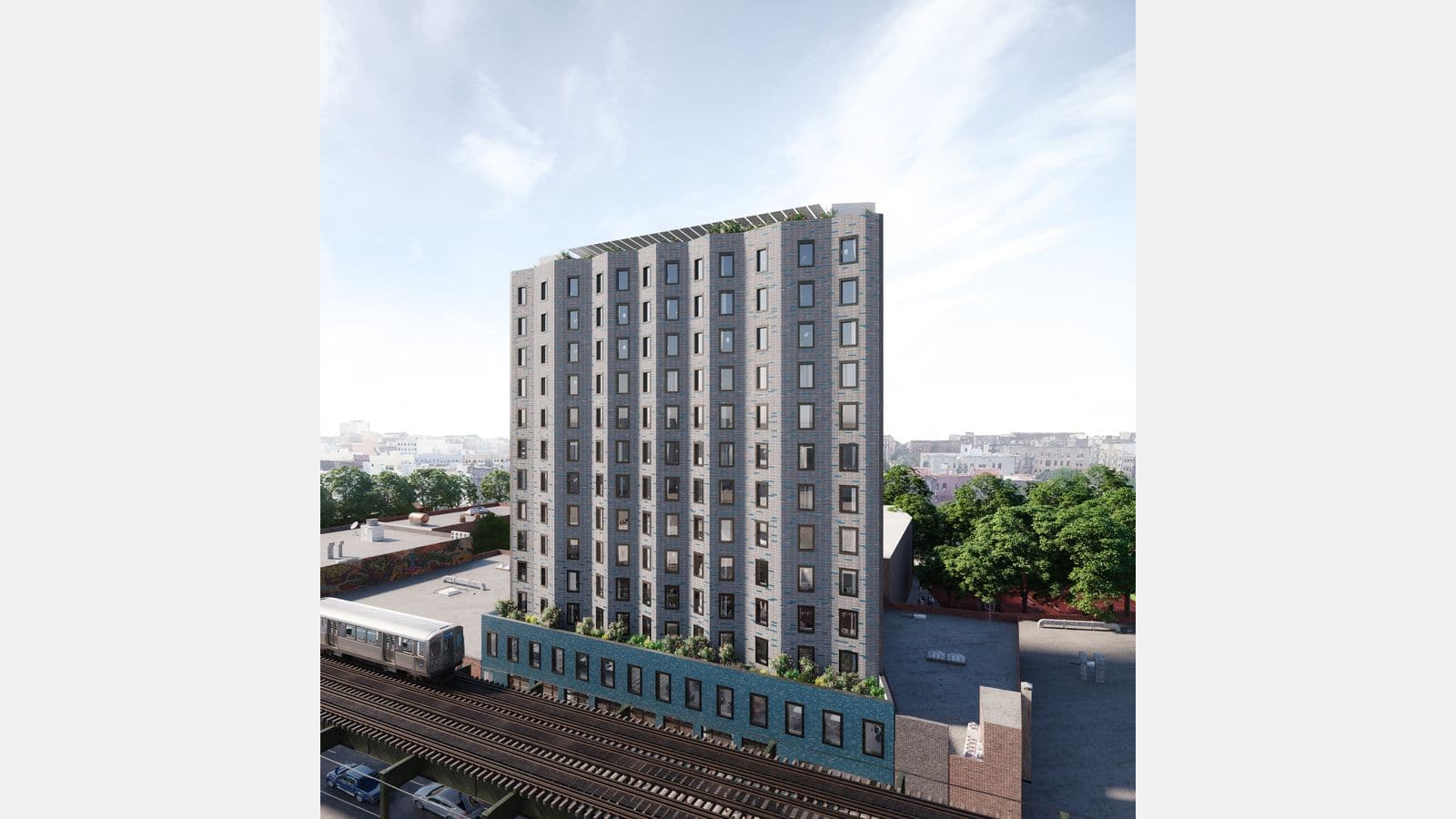 Rendering of a 13-story building faced in gray brick flecked with blue, with rows of dark-framed windows, a two-story base of deep blue brick topped by a planted terrace, and plants along the roof edge, seen from above beside a train on raised tracks, with low rooftops, trees and apartment buildings behind under a pale blue sky