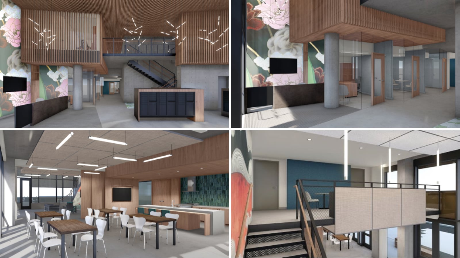 Four renderings: a two-story lobby with wood slats, a floral mural and mailboxes; a reception area with glass-walled offices; a community room with tables, white chairs and a kitchen counter; and a mezzanine with a railing above the community room