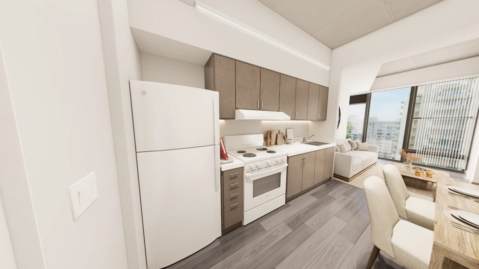 Rendering of a kitchen along one wall with a white refrigerator, a white electric coil range under a hood, a sink and wood-tone cabinets, opening to a living area with a sofa and tall windows