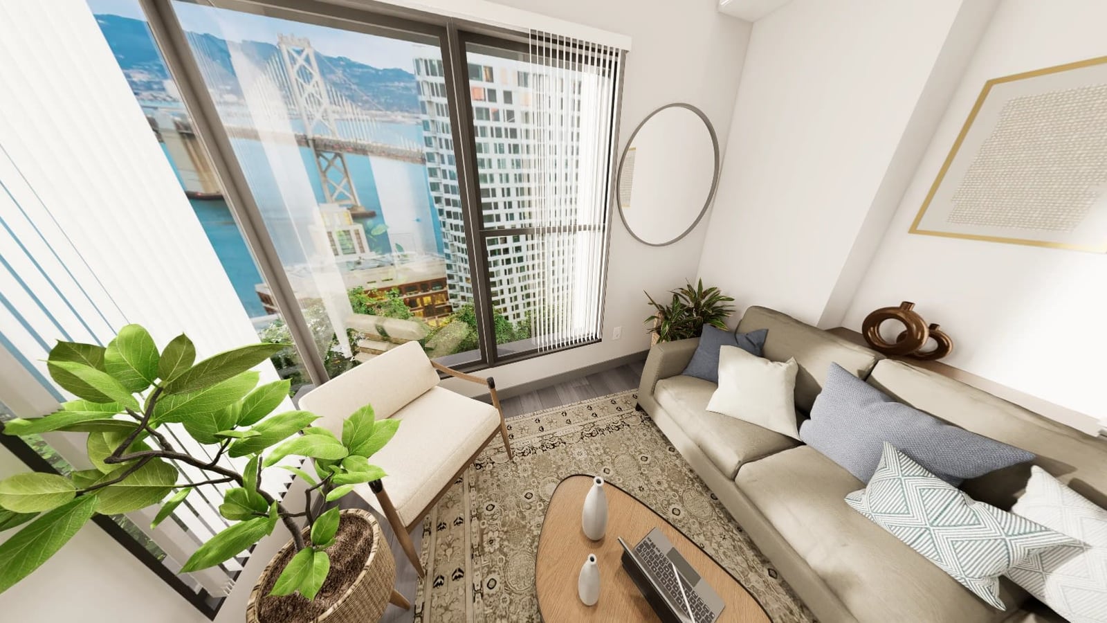 Rendering of a living room seen from above, with a sofa, an armchair, a rug and a floor-to-ceiling window looking toward the Bay Bridge and a neighboring tower