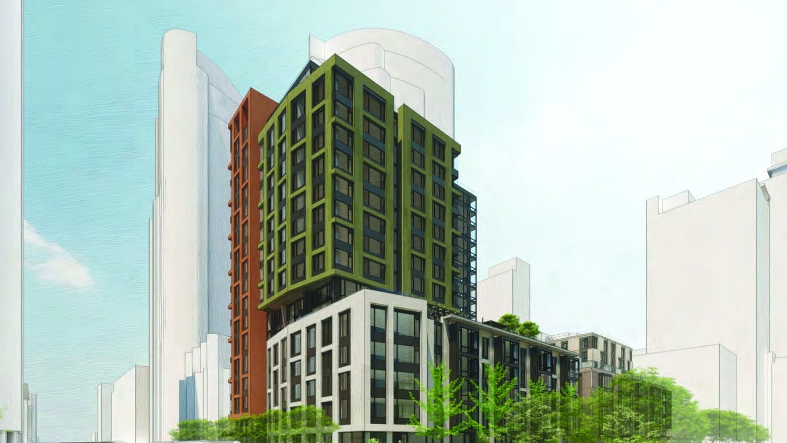 Rendering of the building from Main Street: a green upper wing and a terracotta tower above a lower white wing, with a Muni bus on the street and trees and a path at right