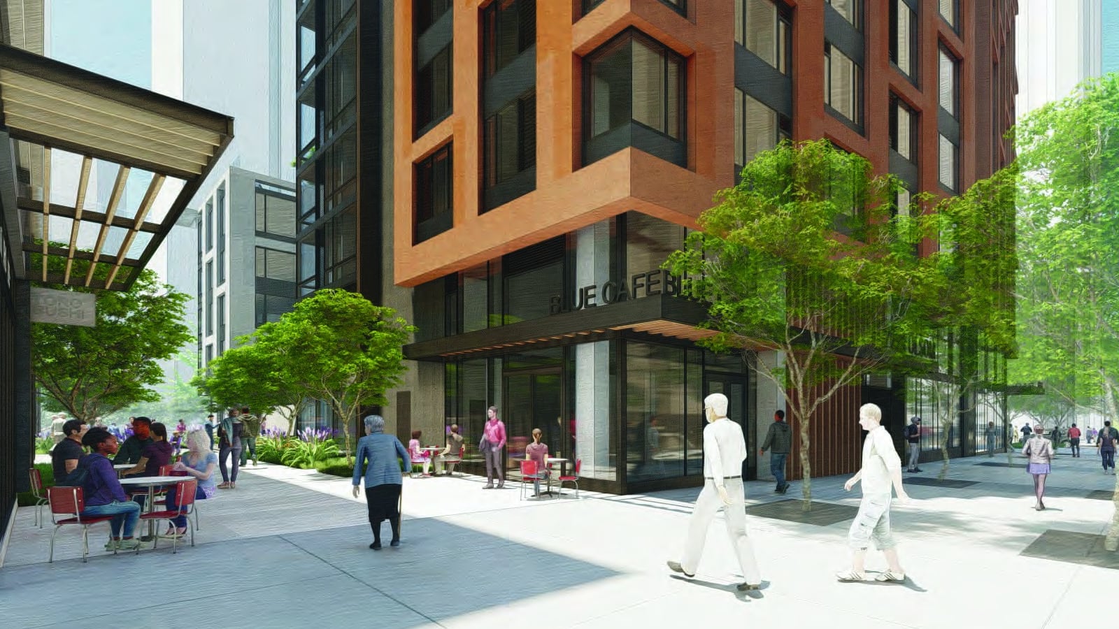 Rendering of a street corner with cafe tables, people walking, street trees and glass storefronts under a terracotta-colored facade
