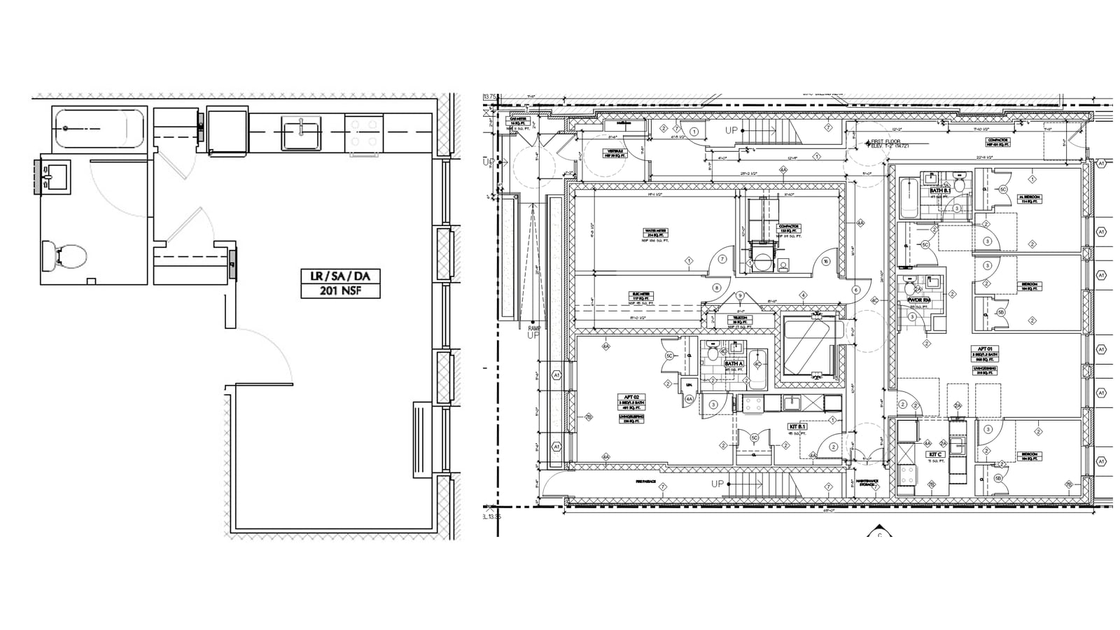 Two architectural drawings on a white field: at left a studio apartment plan with a bathroom, a closet, a kitchen run along one wall and one main room labeled LR/SA/DA 201 NSF; at right part of a first-floor plan with a ramp and vestibule, meter and compactor rooms, an elevator, two stairs, an apartment labeled APT 02 at 491 square feet with one living and sleeping room, and an apartment labeled APT 01 at 968 square feet with three bedrooms