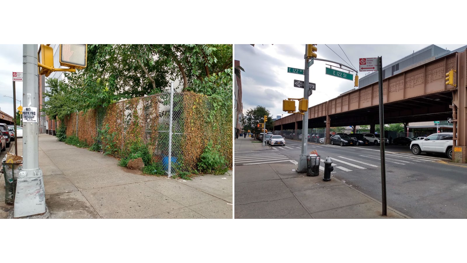 Two photographs side by side on a white field: at left a street corner with a chain-link fence overgrown with vines and trees behind it, a traffic signal pole and a no-parking sign in the foreground; at right an intersection with green street signs reading E 122 St, traffic signals, a fire hydrant and a rust-colored steel railway viaduct running along the avenue with cars parked beneath it