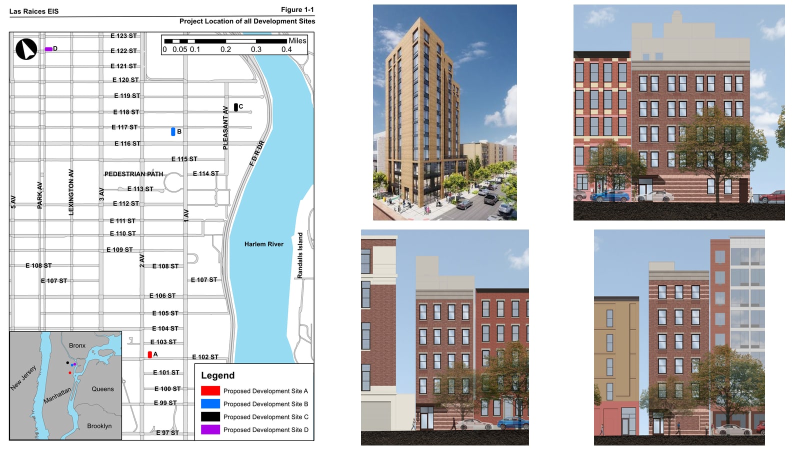 At left a street map titled Project Location of all Development Sites, with four small colored rectangles lettered A on East 102nd Street between First and Second Avenues, B on East 117th Street, C on East 118th Street east of Pleasant Avenue and D at Park Avenue and East 122nd Street, the Harlem River at right, a scale bar and a legend; at right four renderings of brick apartment buildings: a tall tan tower on a street corner and three narrow red brick buildings set between older neighbors