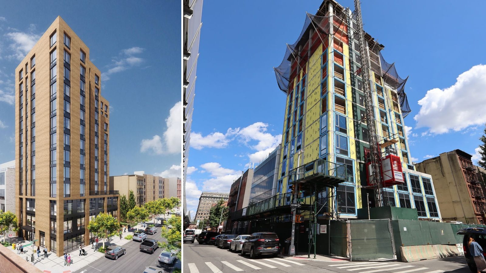 Two images side by side: at left a rendering of a tall tan brick apartment building with dark window bays and glass-fronted lower floors on a street corner, with street trees, parked cars and people on the sidewalk; at right a photograph of the same building under construction, its frame covered in yellow sheathing with blue tape around the window openings, black netting around the top floors, a red construction hoist on its side and green fencing at street level, next to a railway viaduct