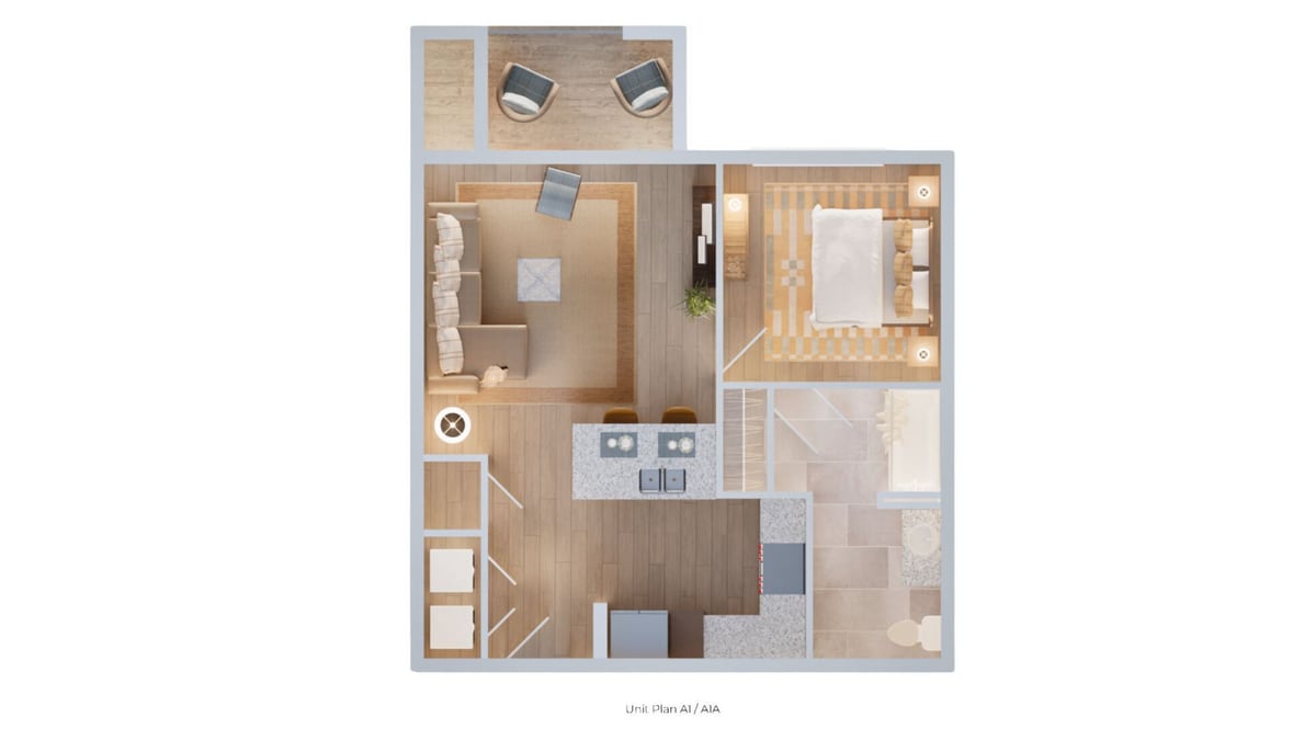 Furnished floor plan rendering seen from above: a living room, a kitchen with an island, one bedroom, one bathroom, a laundry closet and a balcony with two chairs