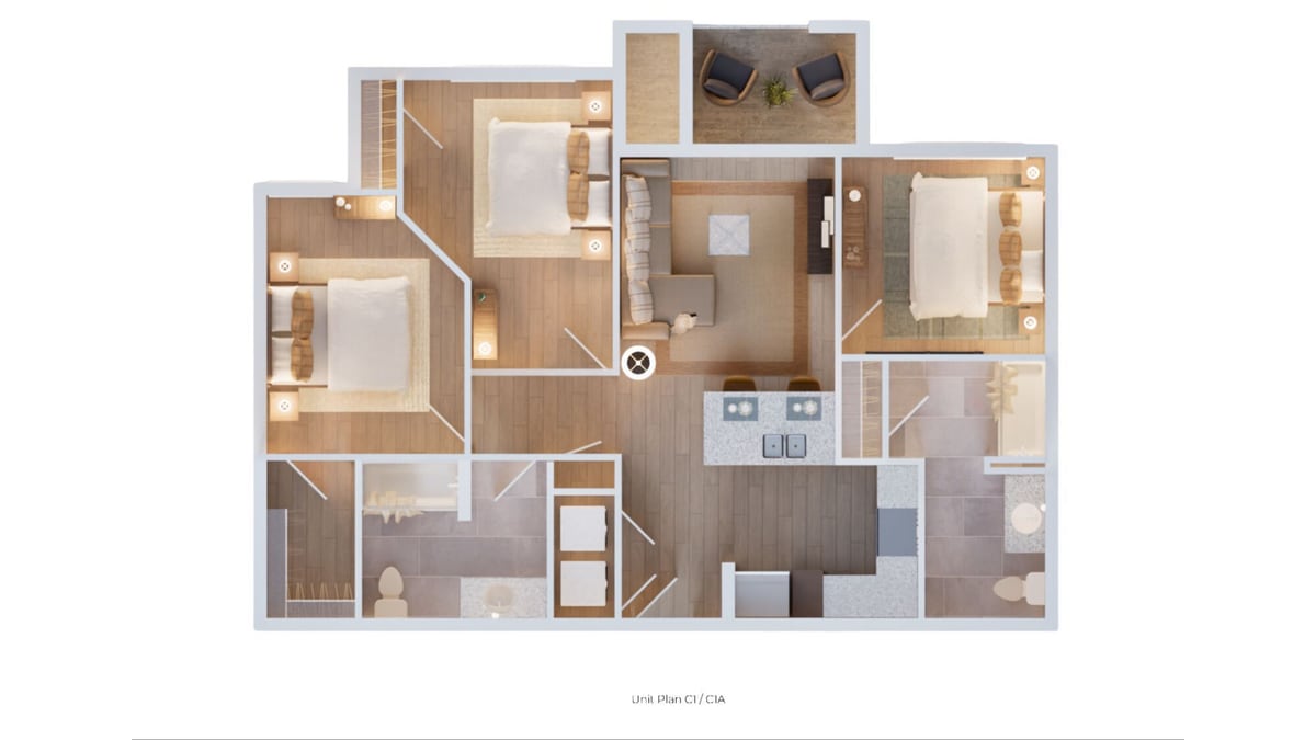 Furnished floor plan rendering seen from above: three bedrooms and two bathrooms around a living room and a kitchen with an island, with a laundry closet and a balcony
