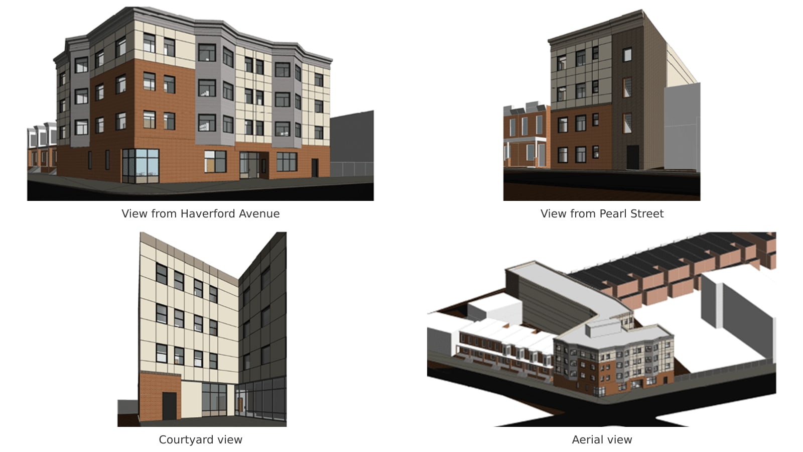 Four design drawings of a four-story building: a corner view from Haverford Avenue, a narrow side on Pearl Street, a courtyard between two wings, and an aerial view of the block
