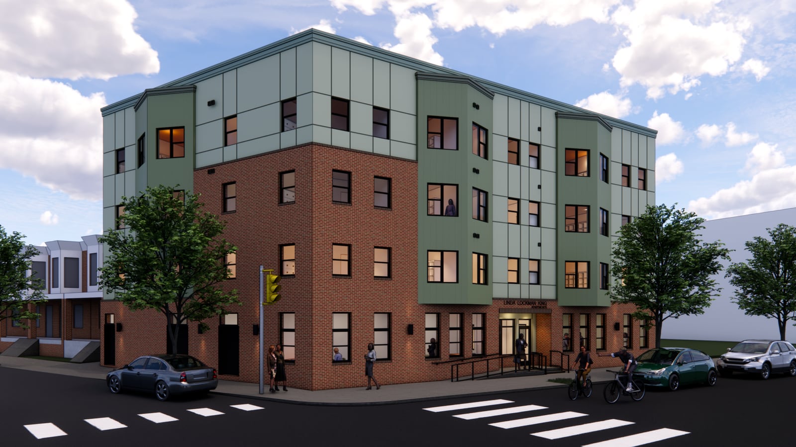 Rendering of a four-story corner apartment building with a red brick base and green panel bays, trees on the sidewalk and cars and cyclists on the street