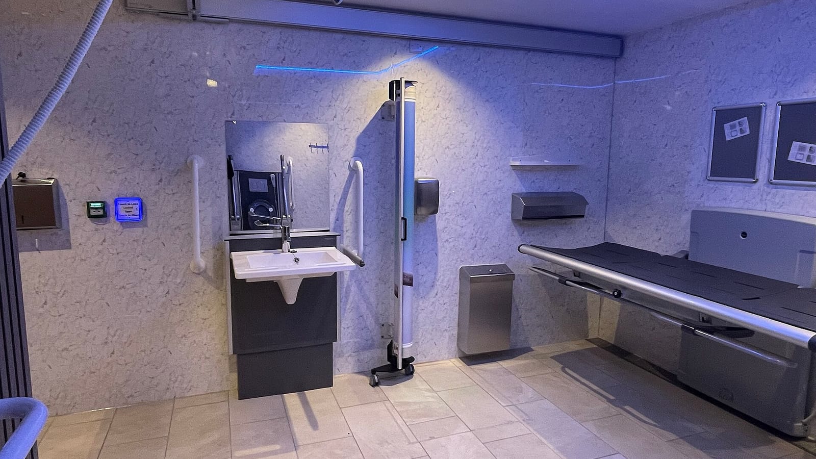 Accessible toilet facility with support rails and a changing table