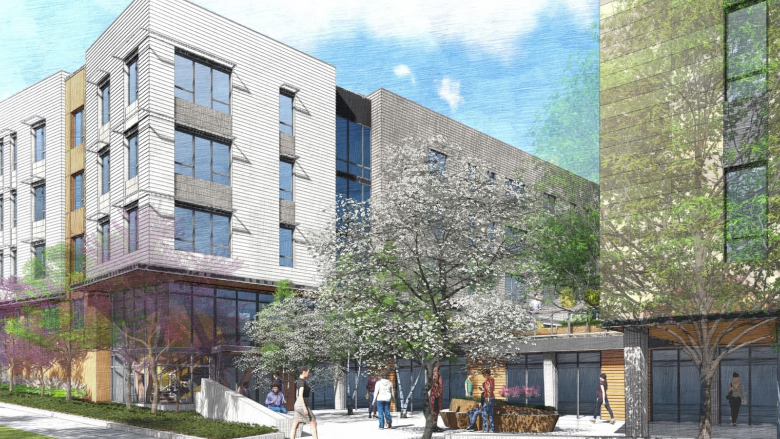Rendering of a paved entry court with flowering trees, benches and people, between a grey and white wing with a glass-walled ground floor and a tan wing
