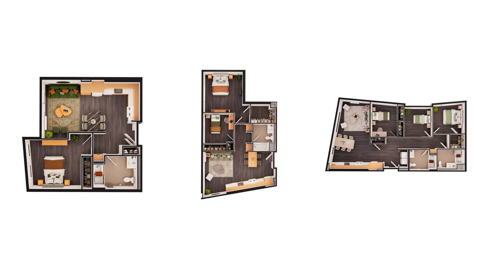 Three more furnished floor plans seen from above: a one-bedroom, a two-bedroom and a three-bedroom with two baths, in different layouts from the first set