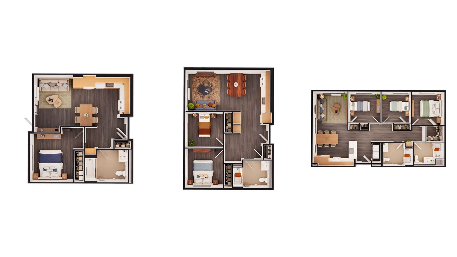 Three furnished floor plans seen from above: a one-bedroom with one bath, a two-bedroom with one bath and a three-bedroom with two baths, each with an open kitchen, dining and living area
