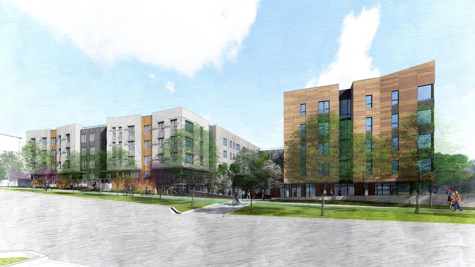 Rendering from across the street of a five-story apartment building with a tan wing on the right, grey and white wings on the left, a bike lane and people walking