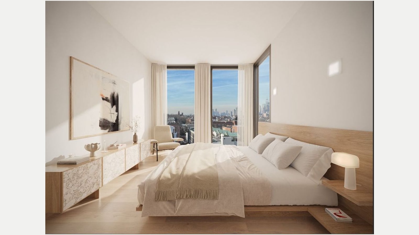 Rendering of a bedroom with a low wood bed and white bedding, a long wood dresser, a pale armchair, a framed painting and tall corner windows looking over Brooklyn rooftops toward distant towers