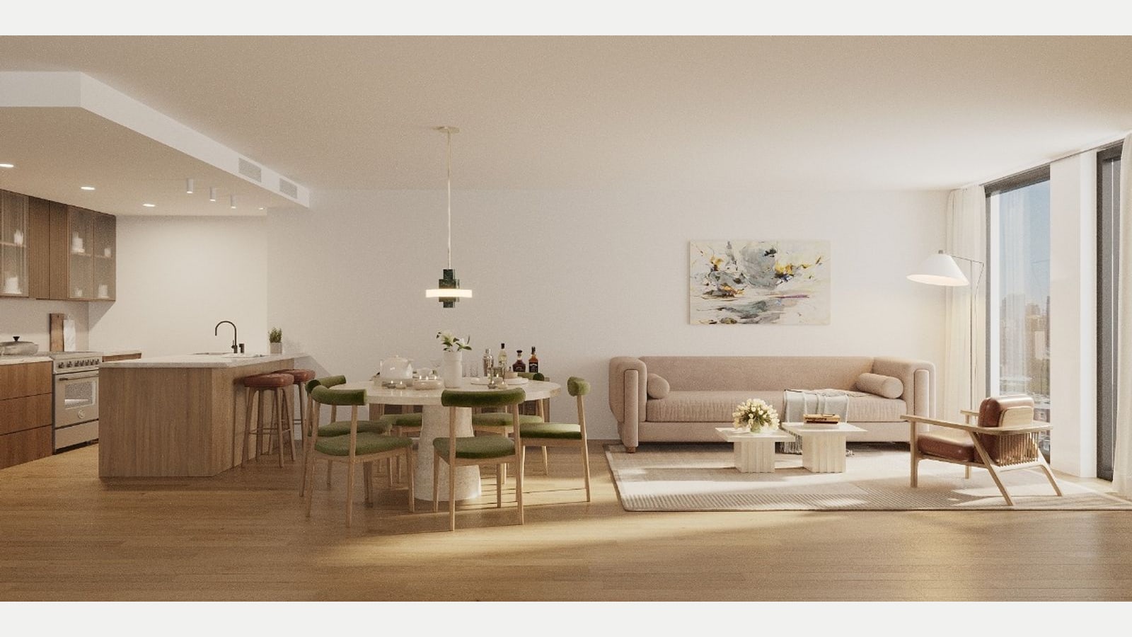 Rendering of an open living and dining room with light wood floors, a round white table with green chairs, a beige sofa and a floor-to-ceiling window, and a kitchen at left with wood cabinets, an island with stools and a stainless range