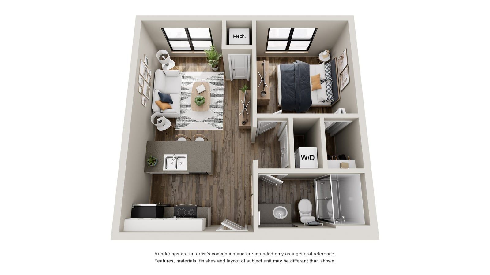 Rendered floor plan of a one-bedroom apartment showing a living room, a kitchen with an island sink, a bedroom, a bathroom with a shower, a closet marked W/D and a closet marked Mech.