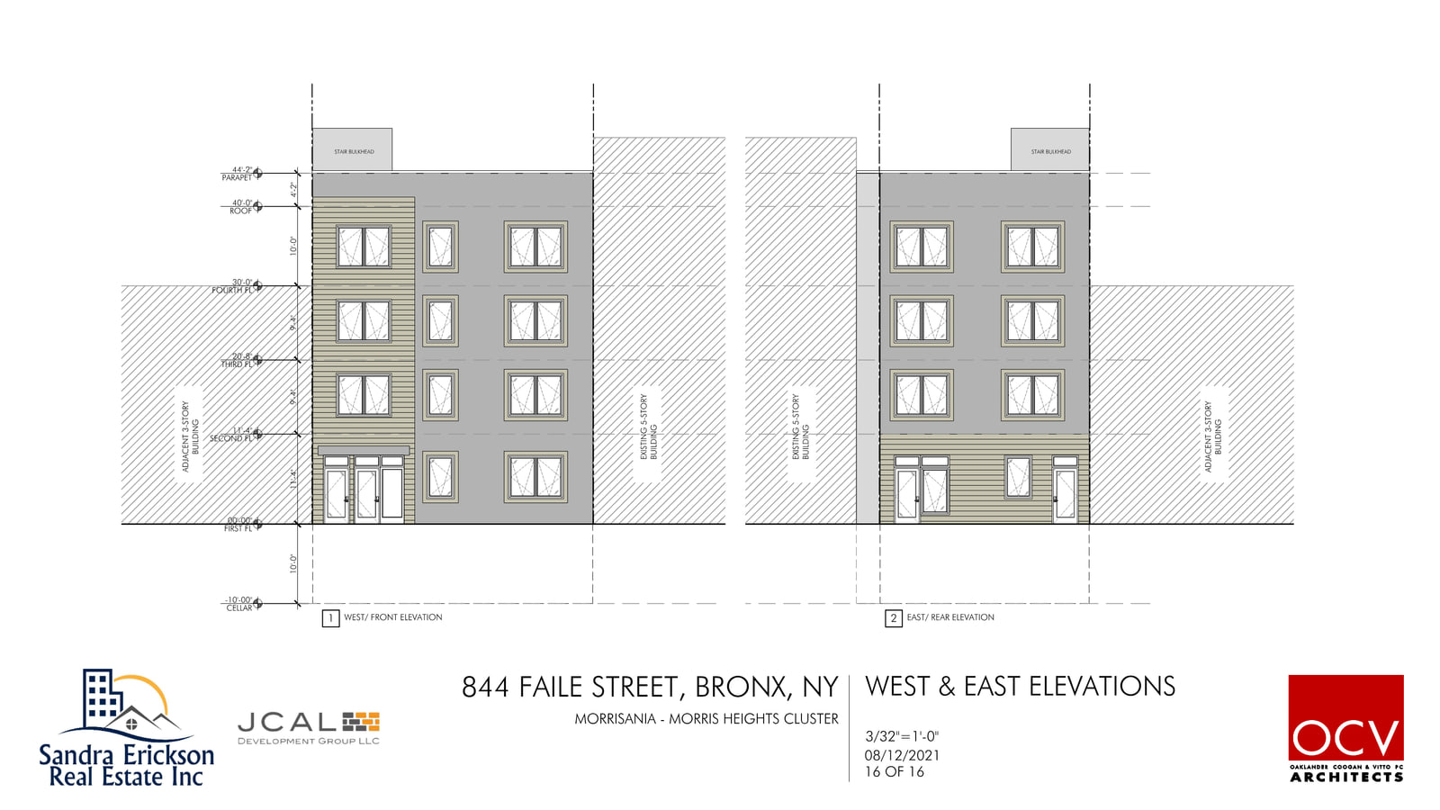 Architect's drawing sheet with two elevations of a four-story building with a stair bulkhead on its roof: the front in grey with a tan, clapboard-patterned bay above a three-part glass entrance, and the rear in grey with a tan ground floor, each drawn between hatched outlines labelled adjacent 3-story building and existing 5-story building; the title block reads 844 Faile Street, Bronx, NY, West and East Elevations, beside the logos of Sandra Erickson Real Estate Inc, JCAL Development Group LLC and OCV Architects