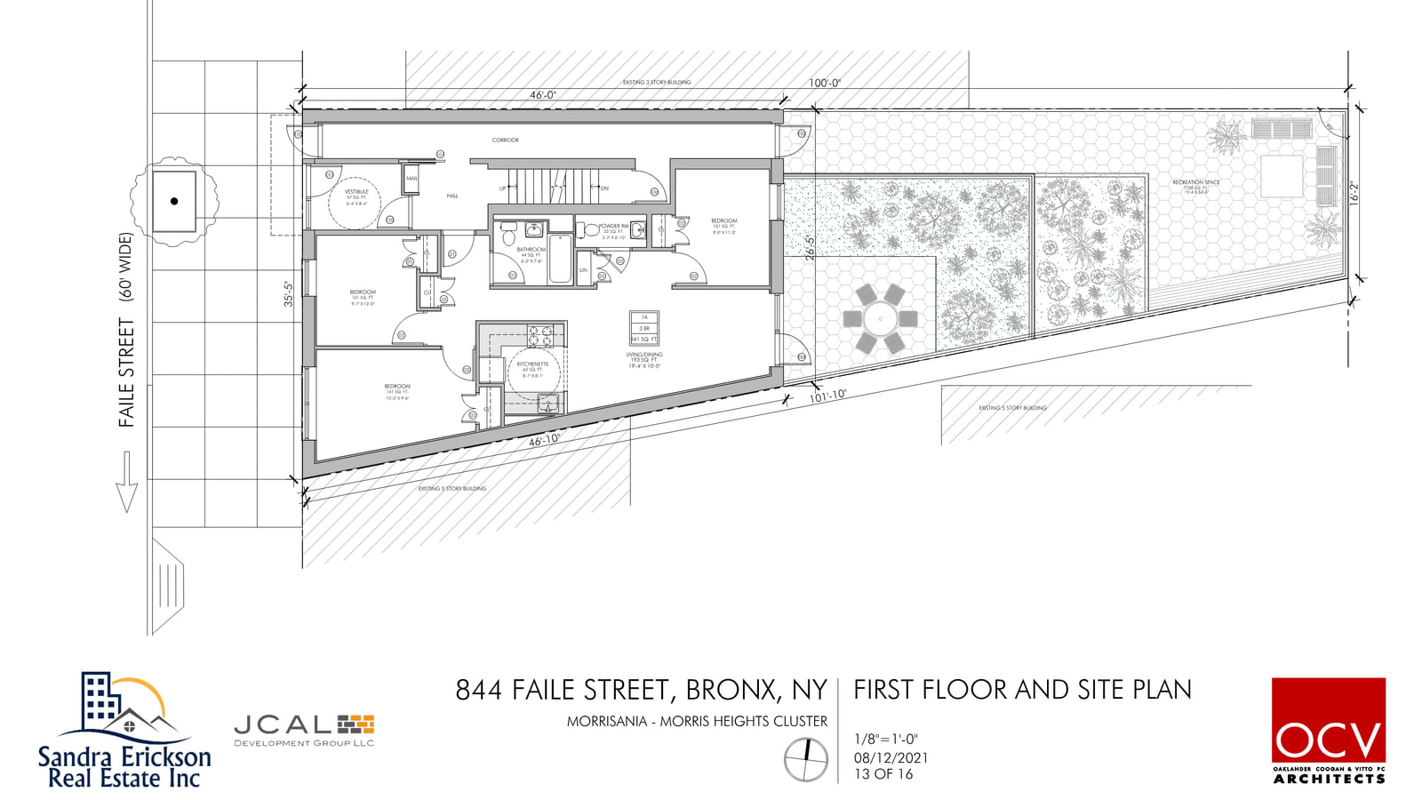 Architect's first floor and site plan of a wedge-shaped lot on Faile Street: a three-bedroom apartment labelled 1A, 841 square feet, with a kitchenette, a bathroom and a powder room beside a corridor, a hall and a stair, and behind it a rear yard with a round table and chairs, planting beds and benches that narrows toward the back of the lot; the title block reads 844 Faile Street, Bronx, NY, First Floor and Site Plan