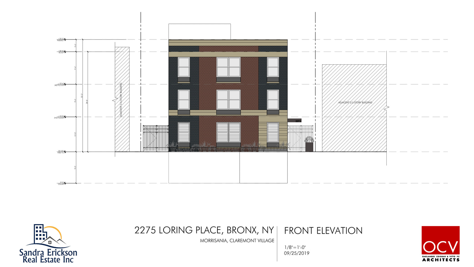 Architect's front elevation of a three-story building faced in dark and red brick with tan bands, three windows on each floor, a metal fence and gate on each side and the number 2275 beside the entrance at the right, drawn between hatched outlines labelled adjacent 2.5-story building; the title block reads 2275 Loring Place, Bronx, NY, Front Elevation, beside the logos of Sandra Erickson Real Estate Inc and OCV Architects