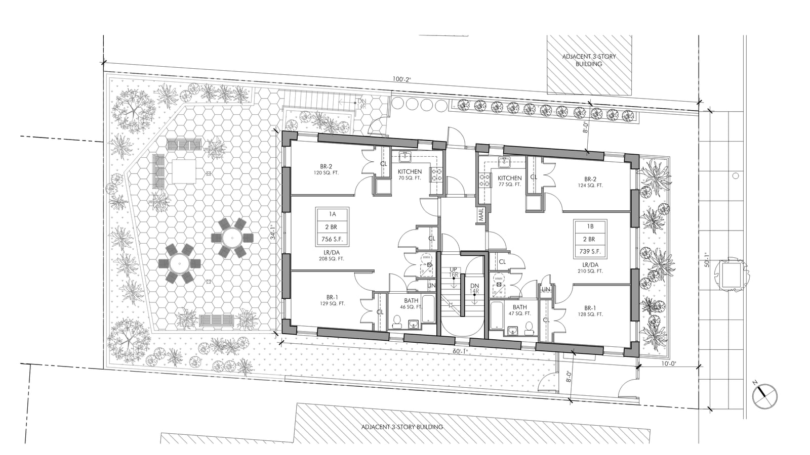 Black and white first-floor plan of a small apartment building on a lot about 50 feet wide: two two-bedroom apartments labelled 1A, 756 square feet, and 1B, 739 square feet, on either side of a central stair, with a planted front yard beside the sidewalk at the right and a paved rear yard with two round tables, benches and plantings at the left