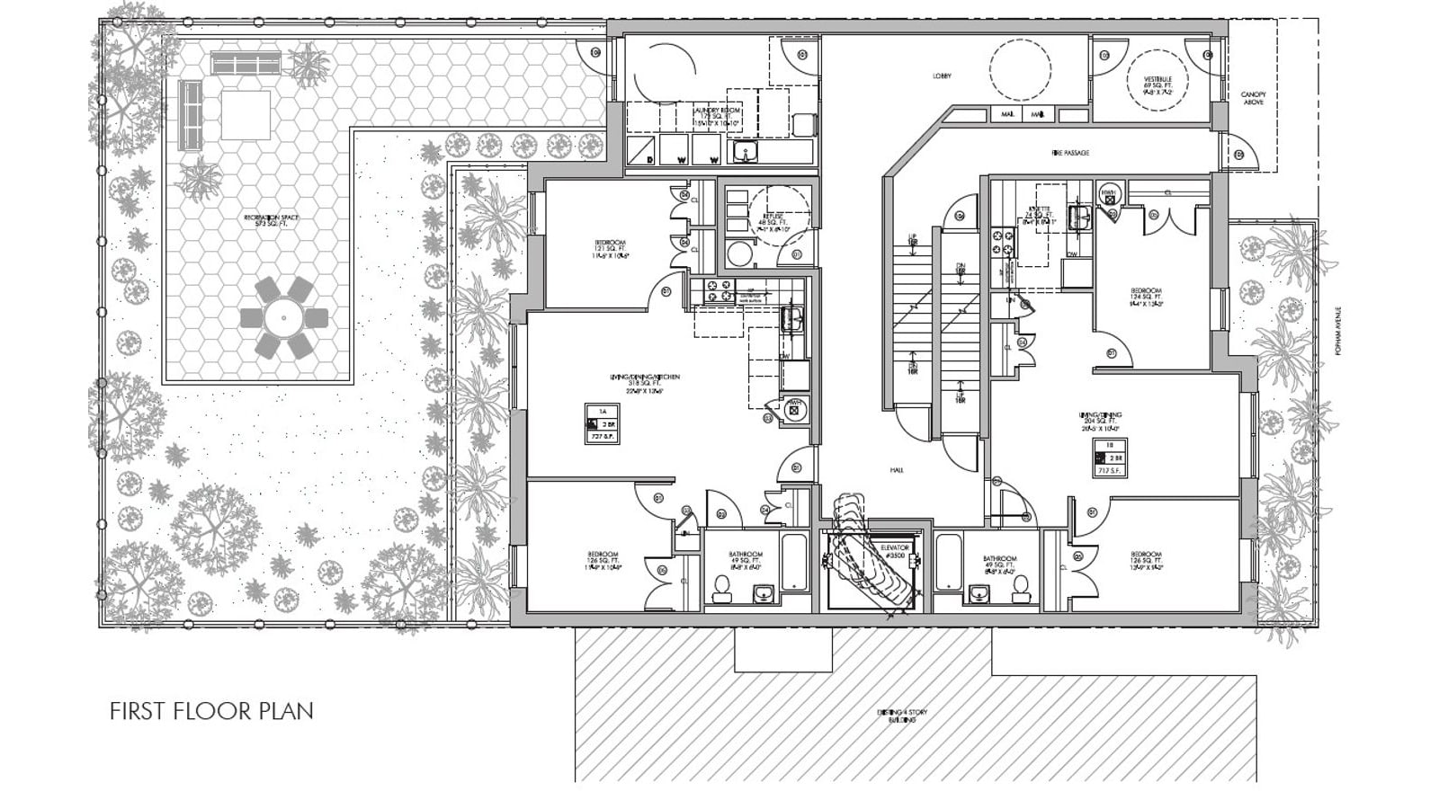 Black and white first-floor plan of an apartment building: a lobby, vestibule and mailboxes at the top right, a laundry room, an elevator and a stair in the middle, two two-bedroom apartments labelled 1A and 1B, and at the left a rear yard with a paved recreation space, a round table with six seats and plantings; Popham Avenue is lettered along the right edge
