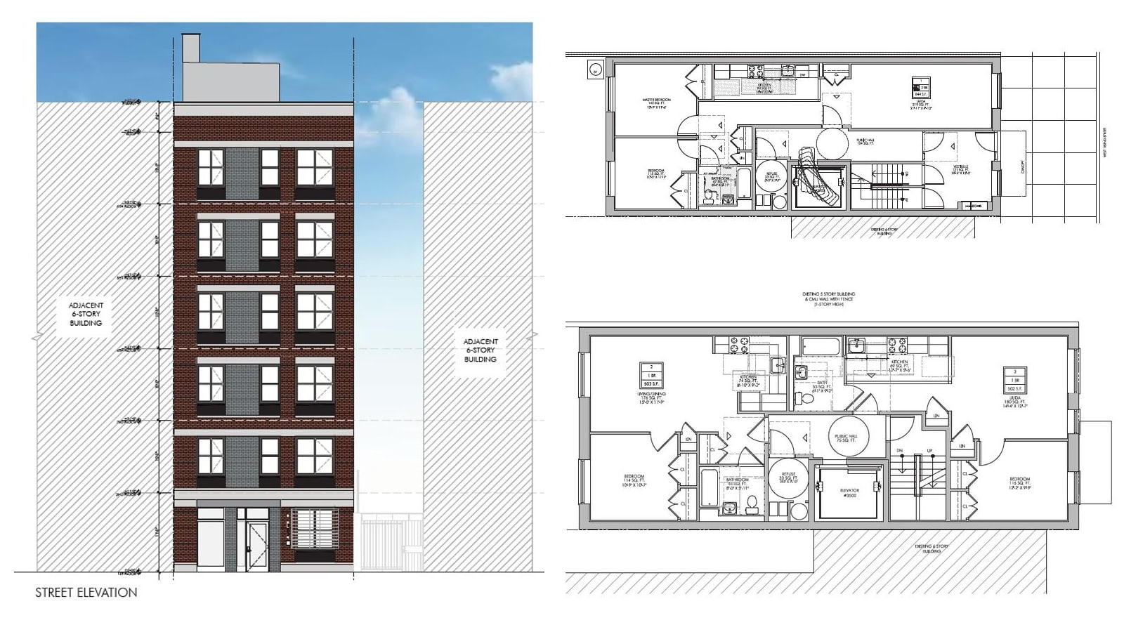 Three drawings side by side: at left a colored street elevation of a narrow six-story red brick building with two windows on each side of a grey center strip on each upper floor, a glass door at street level and a bulkhead on the roof, between hatched outlines labelled adjacent 6-story building; at right two black and white floor plans, the upper one showing a single two-bedroom apartment behind a vestibule and public hall, the lower one showing two one-bedroom apartments on either side of an elevator and a stair