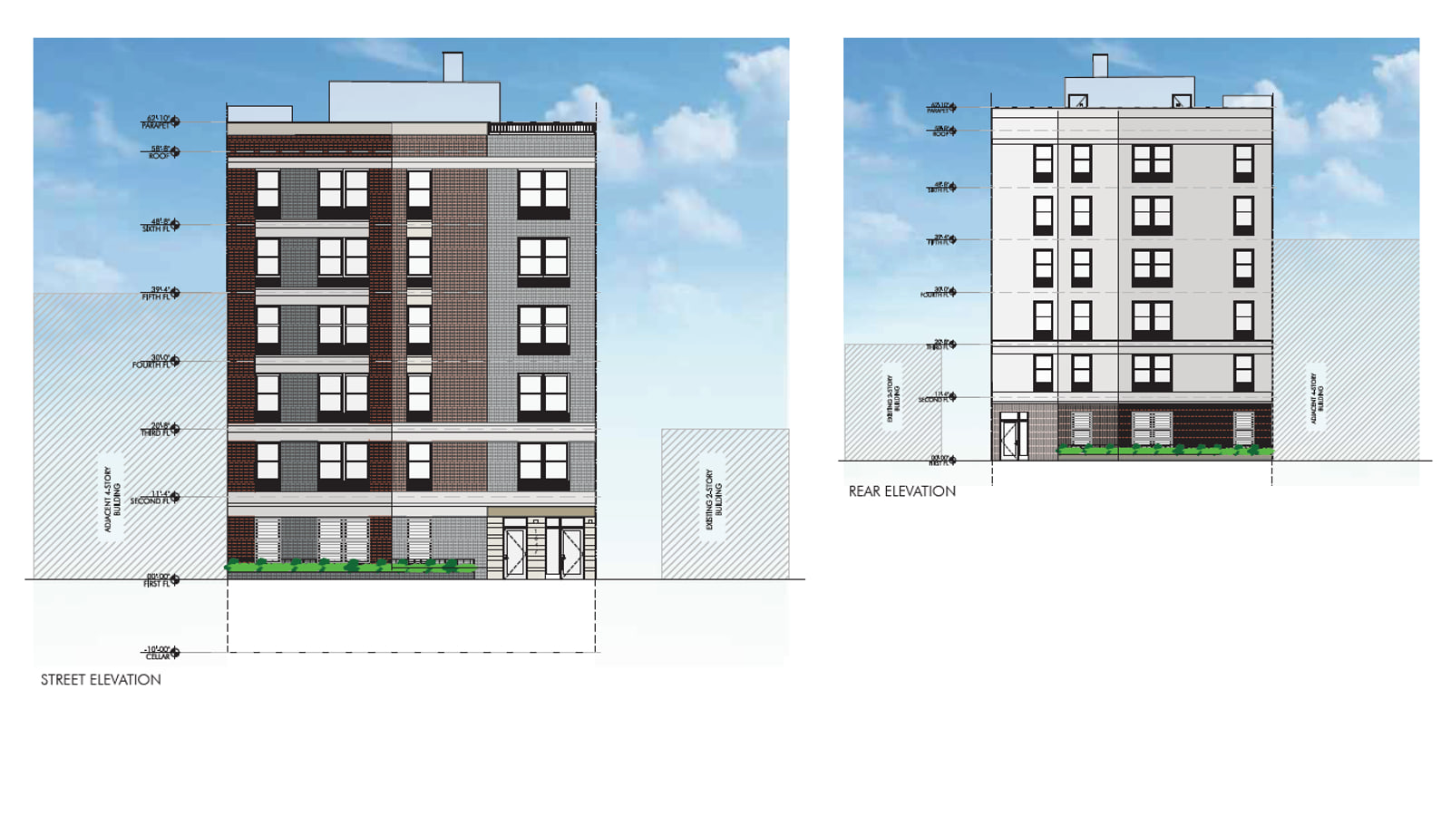 Two architectural elevation drawings of a six-story apartment building against a blue sky: at left the street front in red-brown, tan and grey brick with rows of paired windows, a glass entrance at the lower right, planters along the base and a bulkhead on the roof, standing between hatched outlines labelled adjacent 4-story building and existing 2-story building; at right the plain pale rear wall with the same six rows of windows