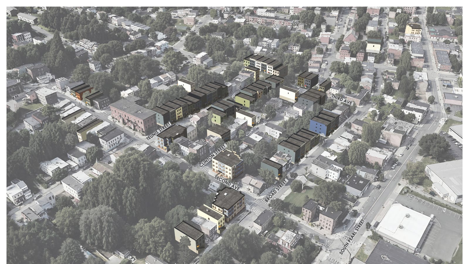 Aerial rendering of South End blocks with the new Mosaic South buildings shown in color among existing buildings shown in gray