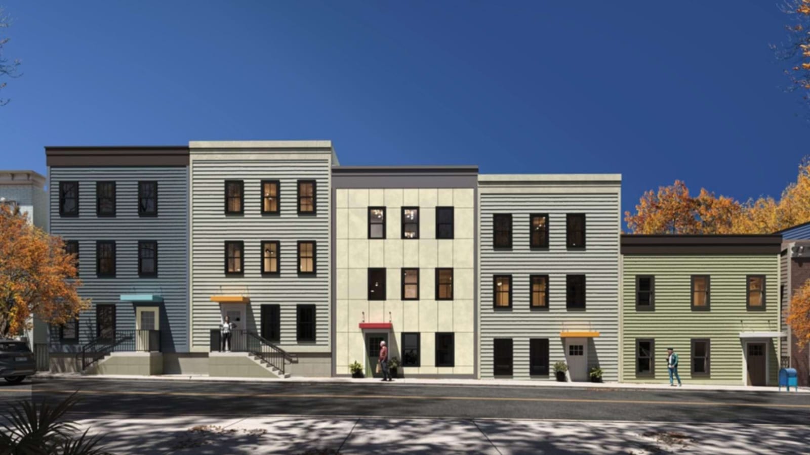 Rendering of five attached two- and three-story buildings in gray, cream and green with colored canopies over the doors, seen straight on from across the street