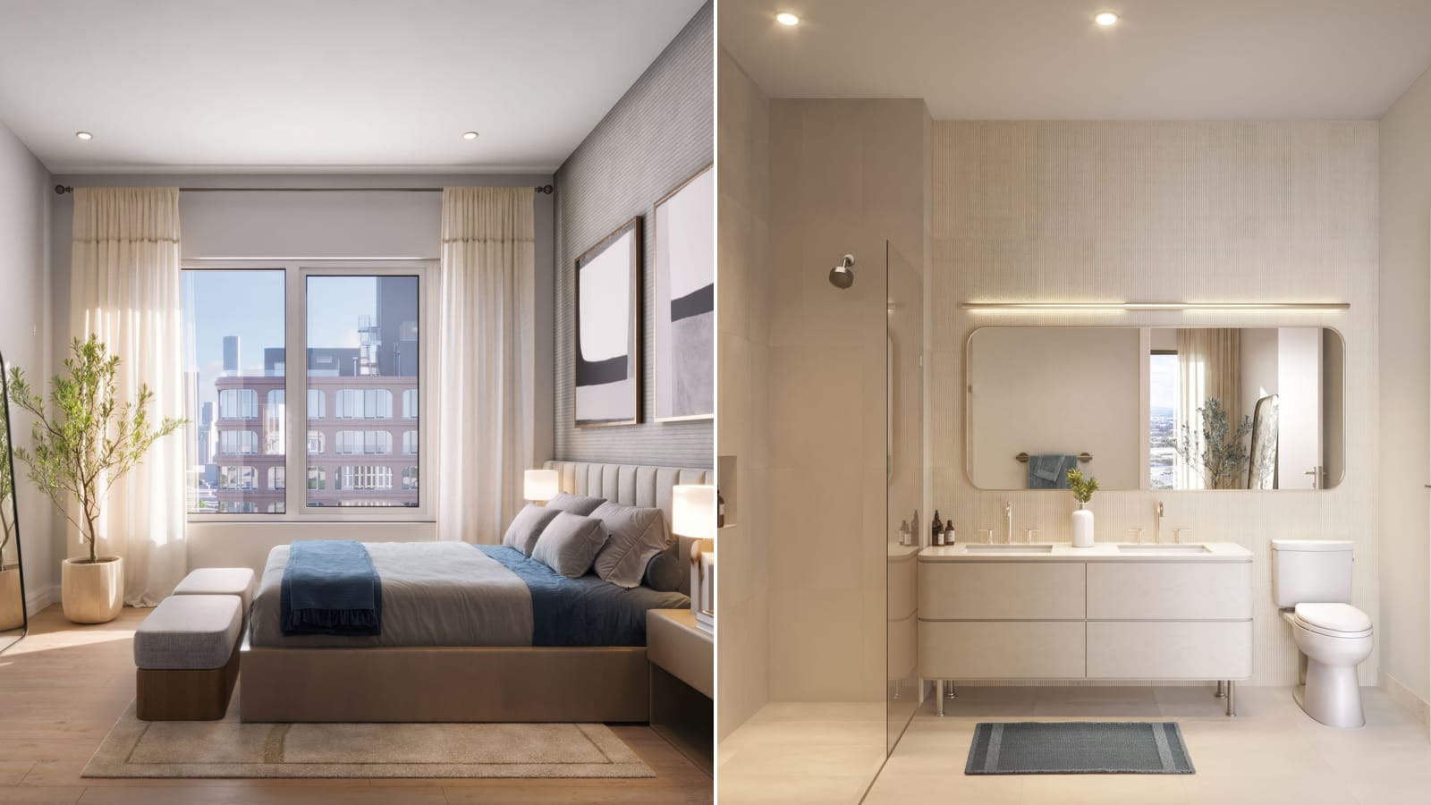 Two renderings side by side: at left a bedroom with a bed in grey and blue bedding, an upholstered headboard, a two-pane window with curtains looking onto a red-brick building, and a small tree in a pot; at right a bathroom in pale tile with a glass-screened walk-in shower, a double-sink vanity under a wide mirror, and a toilet
