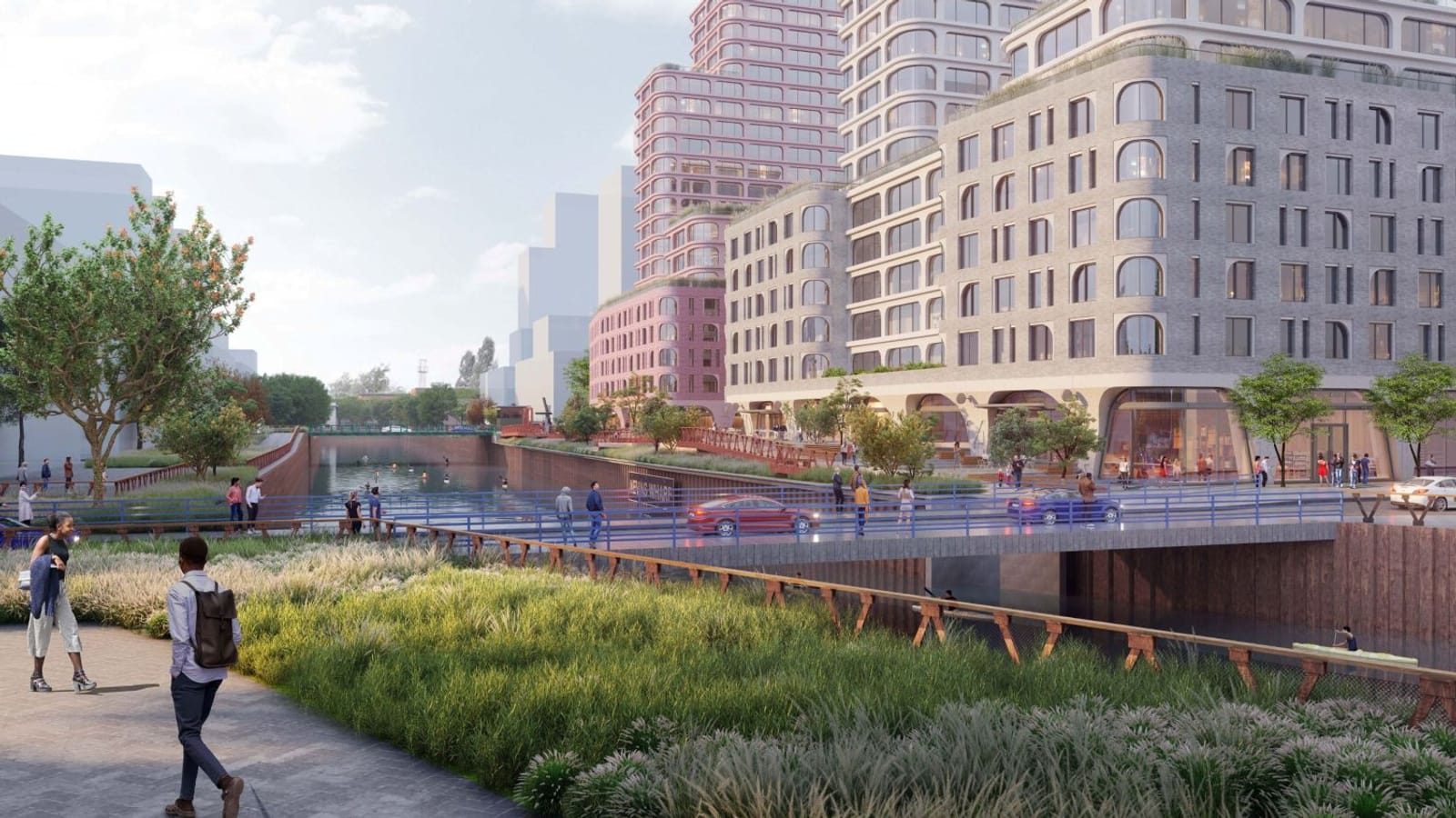Rendering of a canal seen from a planted path: two people walk at the lower left, a low bridge with blue railings carries cars and pedestrians over the water, and on the far bank stand a building with a grey brick base and arched windows under a pale tower and, beyond it, a red-brick building under a red tower; kayakers paddle on the canal