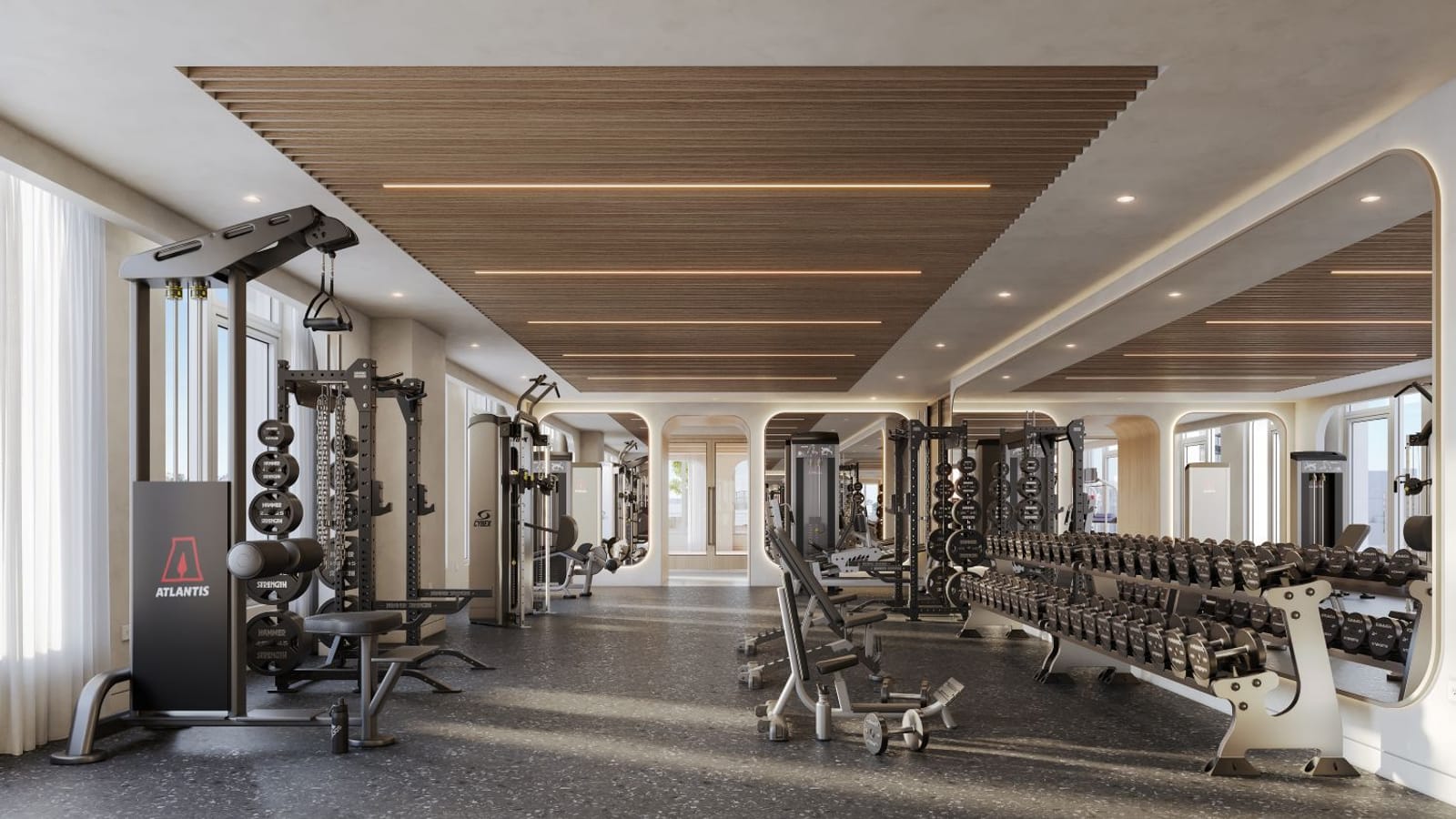 Rendering of a long fitness room with a slatted wood ceiling panel, strength machines and weight racks at the left, benches and a long rack of dumbbells at the right, mirrors with rounded corners on the right wall, speckled dark flooring and windows with white curtains at the left