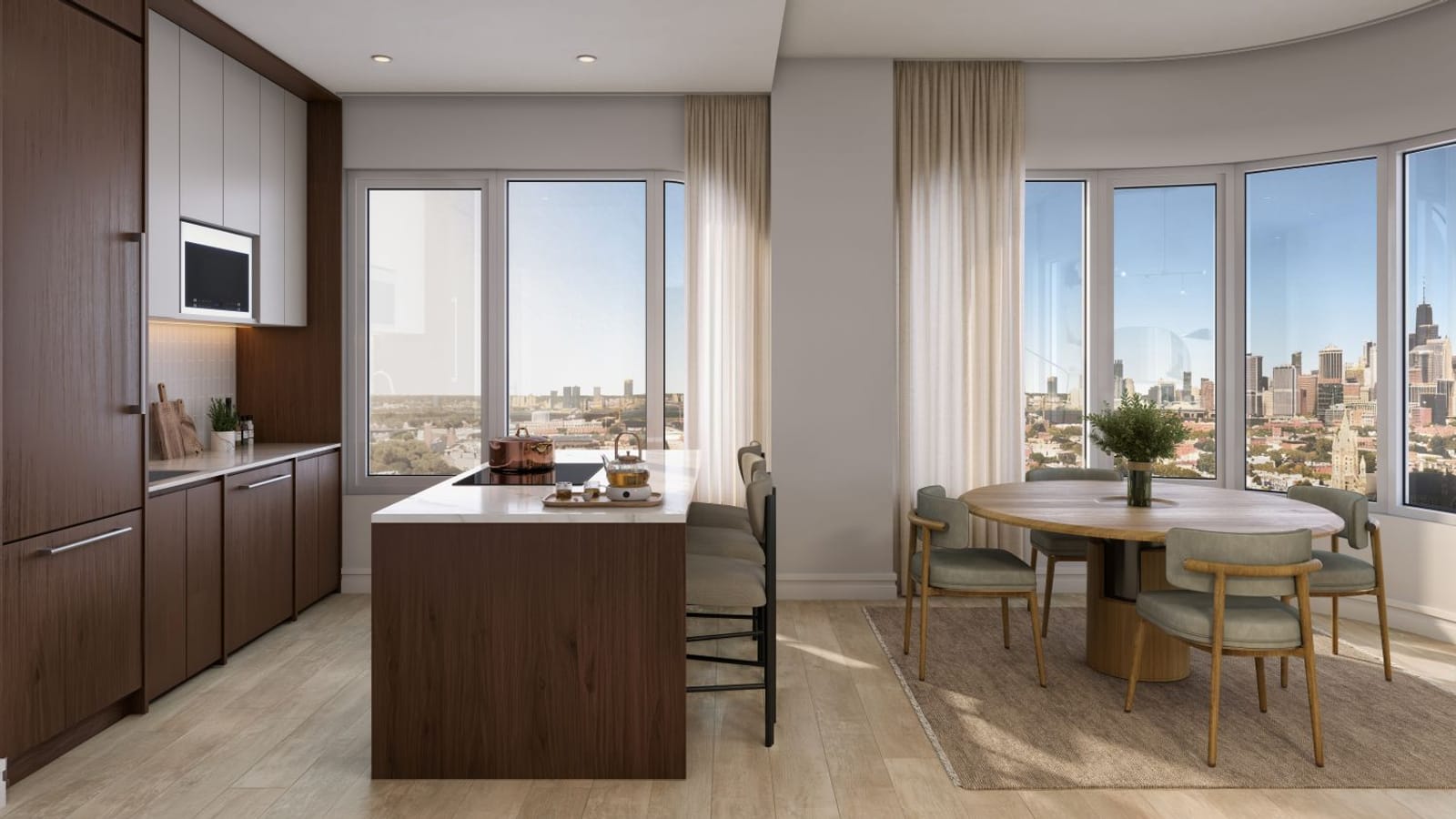 Rendering of an open kitchen and dining area: dark wood cabinets with pale upper cabinets and a built-in microwave along the left wall, an island with a white top, a flat cooktop and three stools, a round dining table with four chairs on a woven rug, pale wood-look flooring, and a curved wall of windows with a skyline in the distance