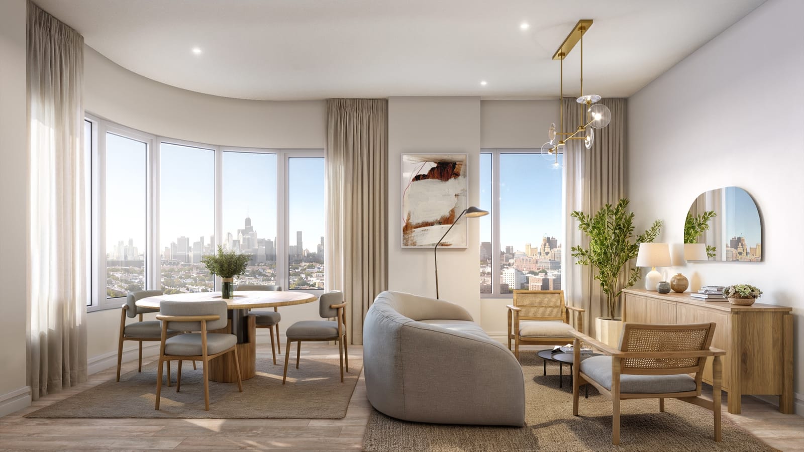 Rendering of a living and dining room with a curved wall of windows and long curtains, a round dining table with four chairs, a rounded grey sofa, two cane-backed armchairs, a wooden sideboard with a lamp, a brass ceiling light with glass globes, and a skyline in the distance