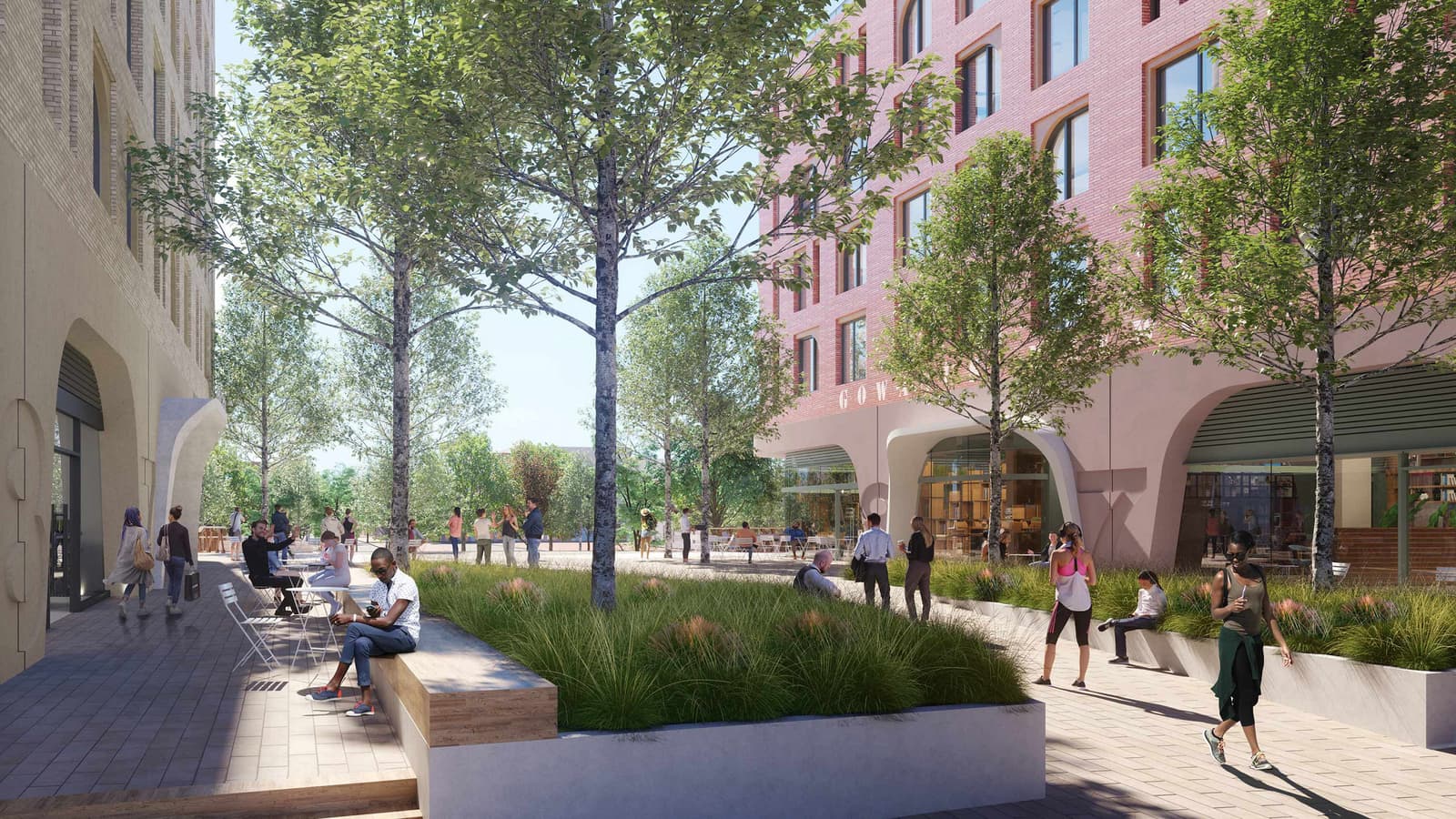 Rendering of a paved, tree-planted walkway between two buildings: a pale brick building with an arched opening at the left and a red-brick building with arched storefronts at the right, with raised planters of tall grass, a bench, cafe tables and people walking and sitting