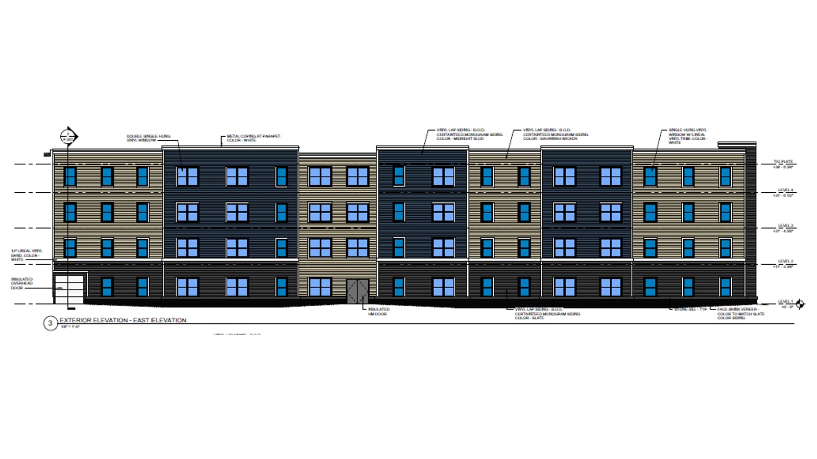 Architectural drawing of the east side of a four-story building with alternating dark and tan siding and rows of windows