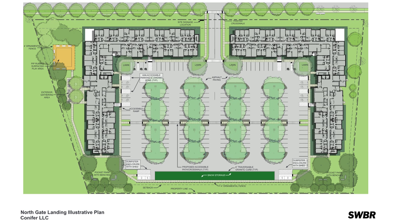 Site plan showing two L-shaped apartment buildings around a central parking lot with trees, a play area at the upper left and pocket parks at the lower corners