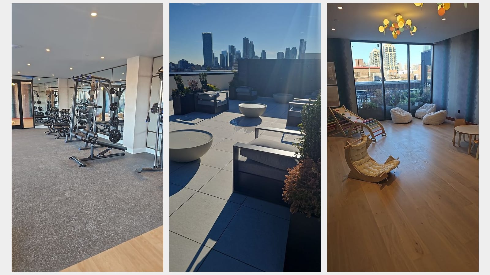 Three photographs side by side: a gym with weight machines, racks of dumbbells and mirrored walls; a sunny roof terrace with outdoor sofas, round low tables and planters, with Long Island City towers in the distance; and a children's playroom with a wooden climbing frame, bean bags, small tables and a glass wall onto a planted terrace
