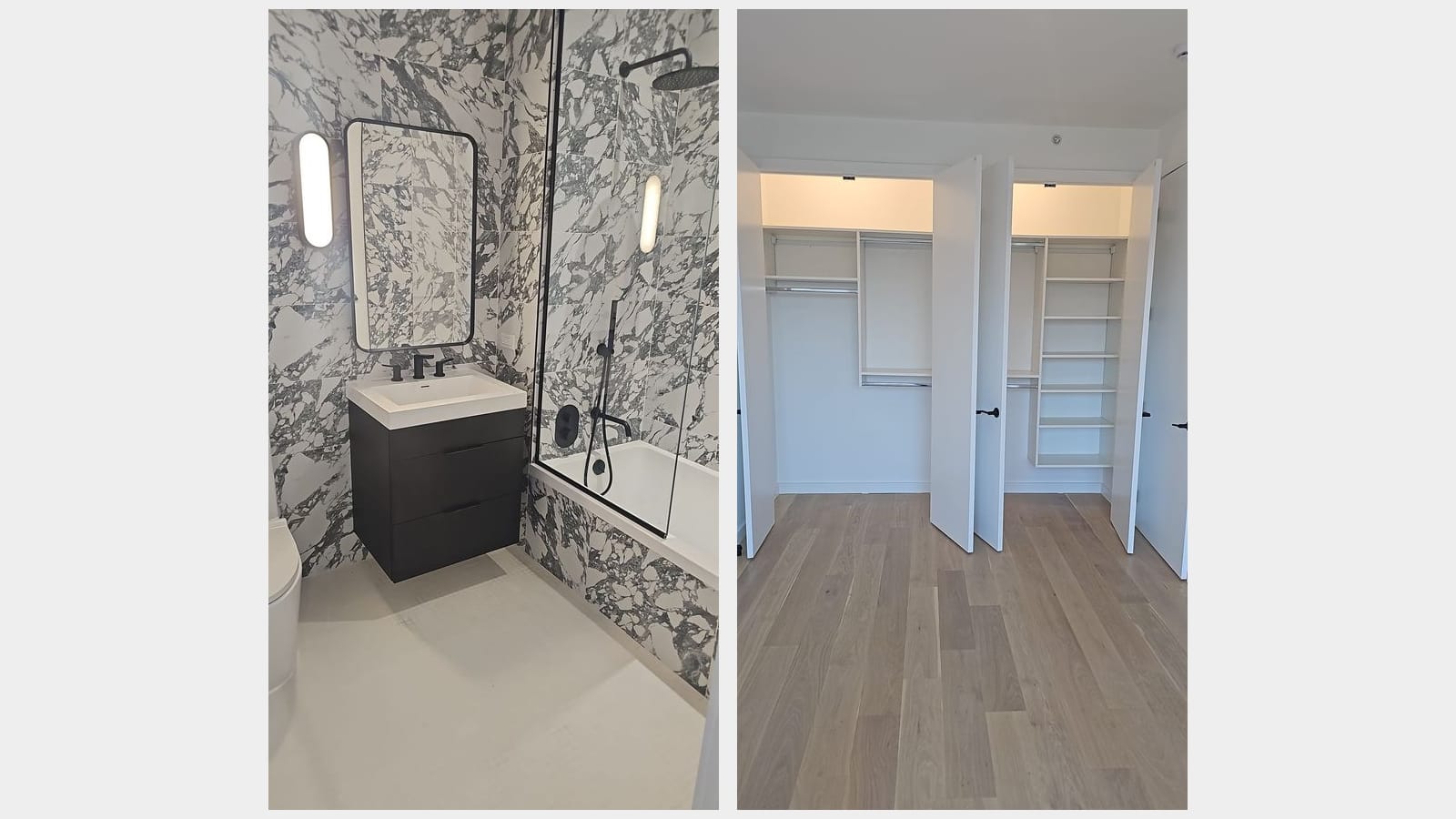 Two photographs side by side: a bathroom with gray and white marble-pattern wall tile, a dark wall-hung vanity with a white sink, a rounded black-framed mirror, a glass screen over a bathtub with a black rain shower; and a bedroom wall of open white closets with shelves and hanging rods above light wood floors
