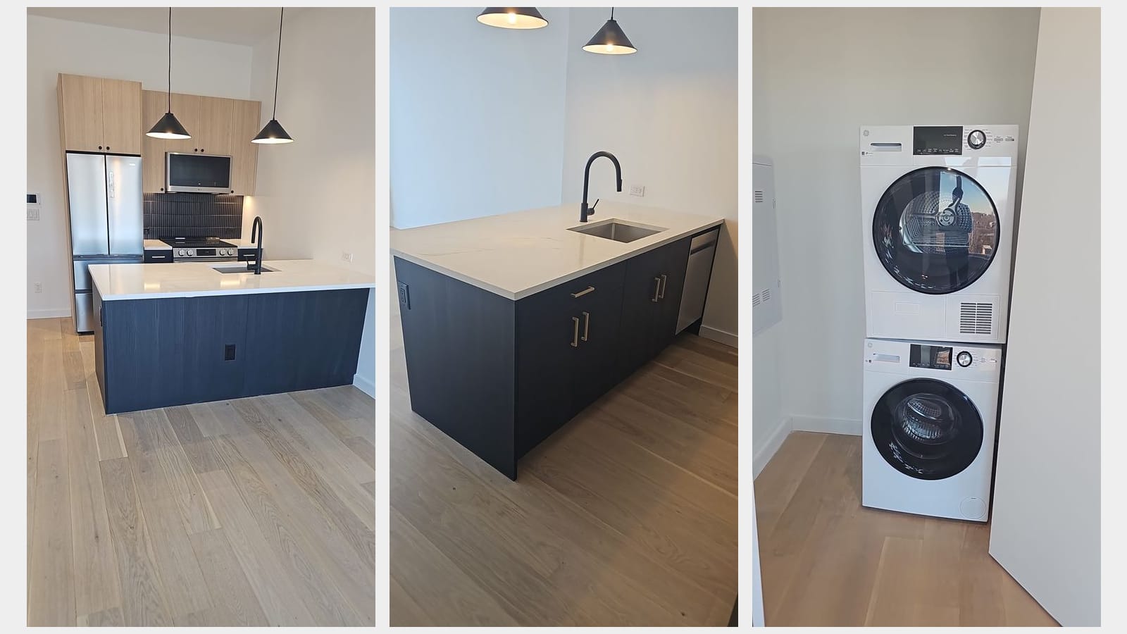 Three photographs side by side of an empty apartment: a kitchen with light wood upper cabinets, a stainless-steel refrigerator, microwave and smooth-top range behind a navy island with a white counter and black faucet; the same island from another angle with a dishwasher; and a white GE dryer stacked on a washer in a closet
